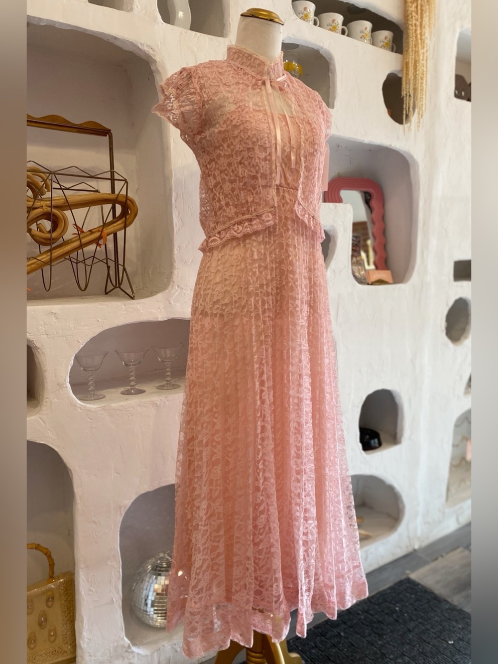 70s Vintage Fancy Pink Lace Sleeveless Maxi Dress Set w Matching Lace Cover Up